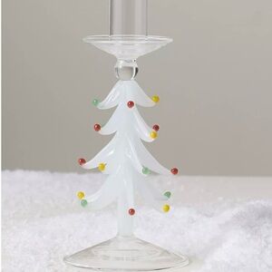 Anthropologie Yuletide Glass Taper Candle Holder Christmas Tree White 7.5”